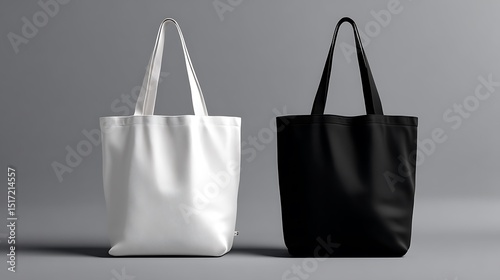 Black and White canvas tote bags Mockup on Gray Background, Minimalist Style