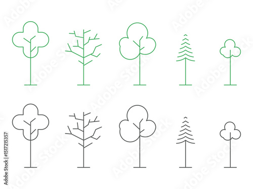 versatile trees linear, vector illustration, isolated on transparent background