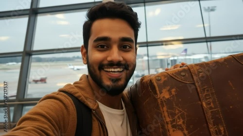Airport travel vlog: man with vintage suitcase ready to fly 4k video photo