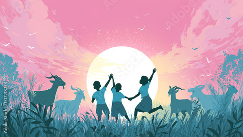 Gentle dusk illustration: children with goats enjoying sunset