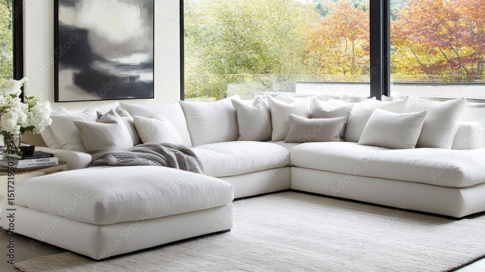 Modern sectional sofa arrangement with large windows and view. Modern sectional sofa arrangement with large windows and view.