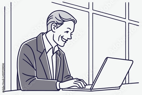 Successful businessman in modern office working on laptop.