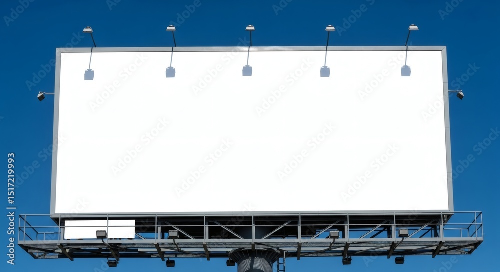 Obraz premium Mockup blank white billboard against a bright blue sky with metal support structure and lights above