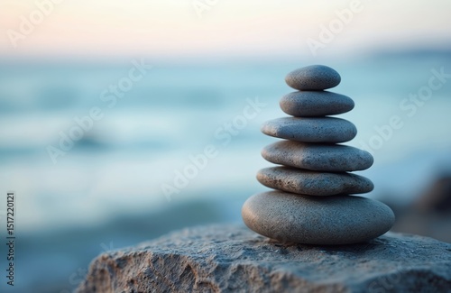 Illustration features balanced stones stack on rock with serene ocean backdrop. Harmony, equilibrium, zen concept. Calmness, peace, meditation, mindfulness, nature, outdoors, spa, wellness. Symbol of