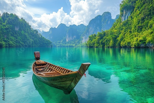 Serene wooden boat anchored on a tranquil beach with clear blue water and a vibrant sky during a sunny day