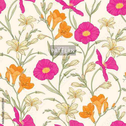 Seamless Pattern with Pink, Orange, and Yellow Flowers  Colorful Spring Floral Design