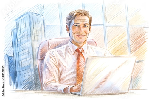 Successful businessman in modern office working on laptop.