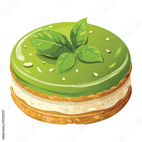 Green Tea Matcha Biscuit Cake with Mint - Vector Illustration