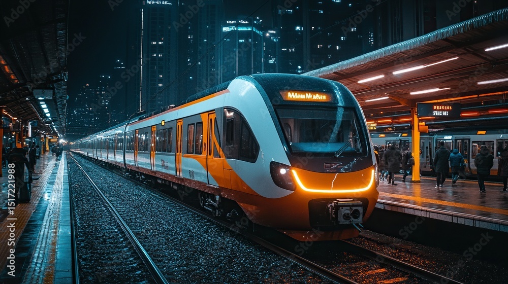 Naklejka premium Night train arriving city station, commuters