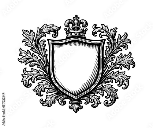 Heraldic Shield with Crown and Foliage, Blank Coat of Arms for Family Crest or Logo Template
