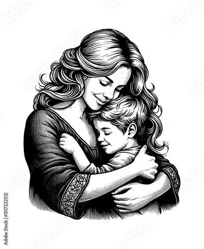 A Caucasian mother embraces her son with love and tenderness, engraving style illustration.