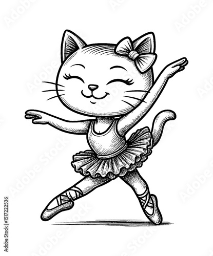 Cute Cat Ballerina Dancing Gracefully in Tutu and Ballet Shoes Black and White Illustration