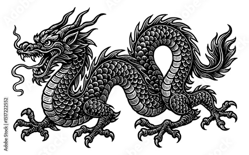 Detailed Black and White Engraving of a Chinese Dragon with Scales and Claws