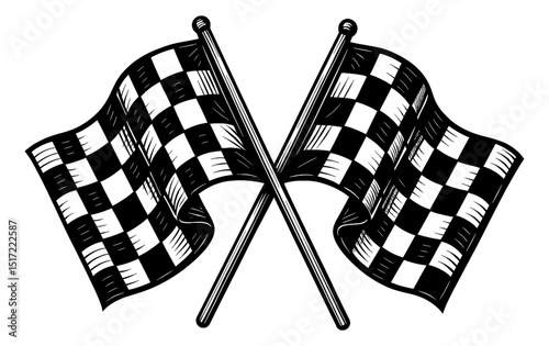 Checkered Flags Crossed Black and White Racing Finish Line Engraving Style Illustration