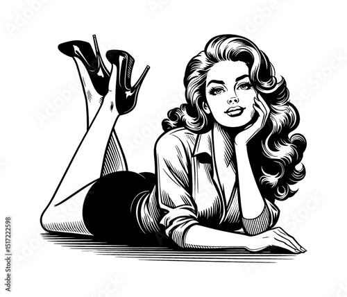 Pinup Woman Lying Down with Heels and Hand on Chin in Black and White Illustration