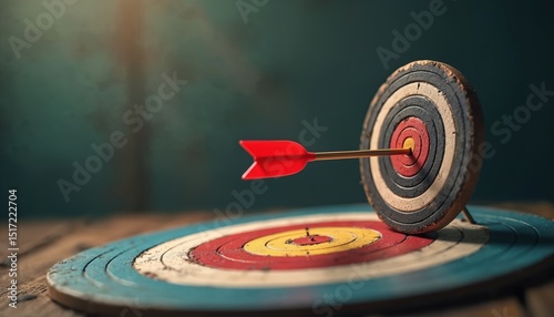 Red arrow hits bullseye target. Concept business success, marketing, advertising. Goal achievement, precision, accuracy in work, effective solution, aiming at business goal. Focus on target, hitting