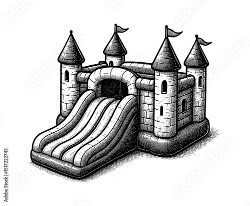 Detailed Engraving Style Illustration of Inflatable Bouncy Castle with Slide