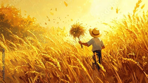 Golden Wheat Field with a Farmer in Warm Sunlight