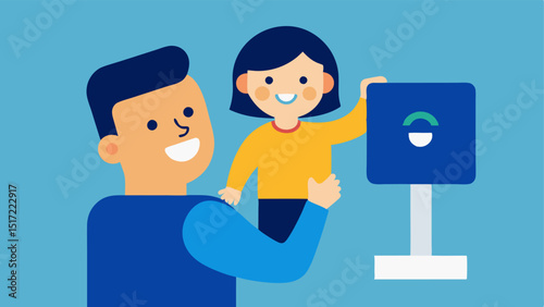 Child and Parent Interaction A parent lifting a child to reach a biometric scanner both smiling while the scanner displays a friendly cartoon face.