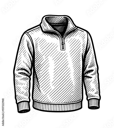 Detailed Black and White Illustration of Pullover Sweater with Zipper and Hatching