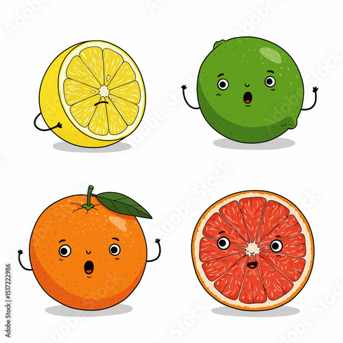 Animated Citrus Fruits with Expressive Faces and Playful Gestures