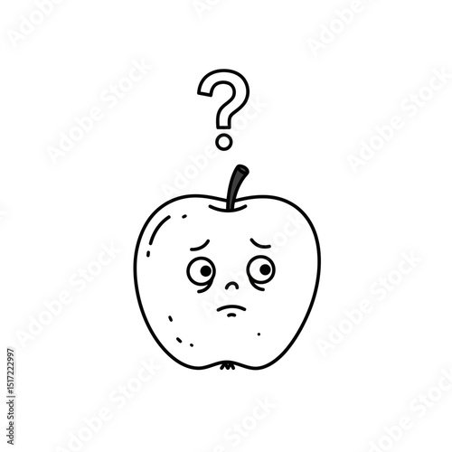 Anxious Apple with Question Mark Expressing Confusion and Uncertainty