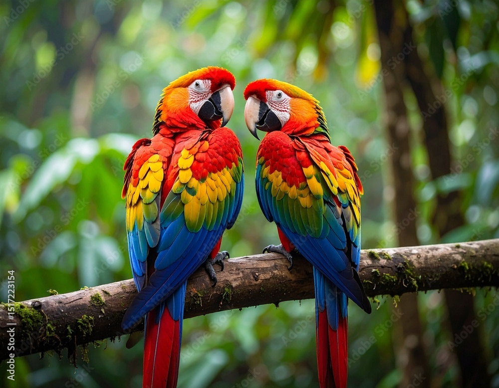 Obraz premium Two tropical parrots sitting on a branch in a vibrant rainforest, showcasing vivid feathers and natural beauty.