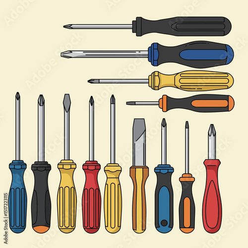 Colorful Assortment of Phillips and Flathead Screwdrivers with Ergonomic Handles