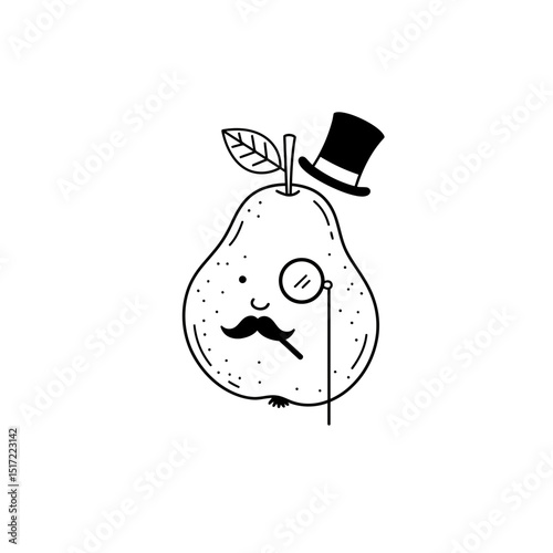 Dapper Pear Character with Monocle Mustache and Top Hat Illustration