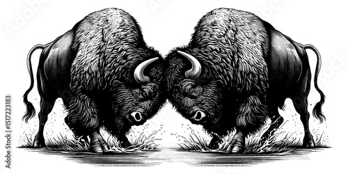Two Bison Headbutting in Detailed Black and White Engraving Style Illustration Vector