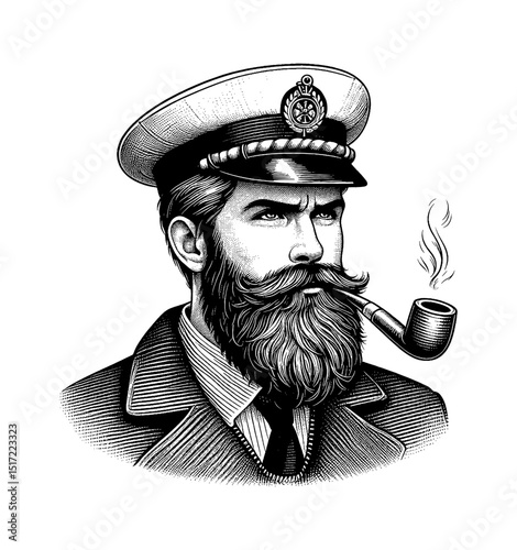 Captain with Beard Smoking Pipe in Detailed Black and White Engraving Style Portrait