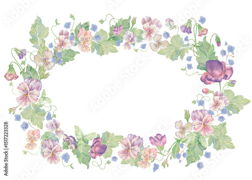 Fototapeta Naklejka Na Ścianę i Meble -  Violets flowers and forget-me-nots. Watercolor clipart illustration of oval frame flower composition on white background. For invitations, postcards, business cards. Decorating cups, dishes, etc. High