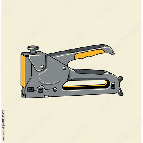 Gray Staple Gun with Yellow Accents Detailed Illustration of a Hand Tool