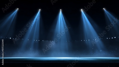 Spotlights on stadium for soccer or football games, sport arena or concert stage at night. Projectors and lamps with blue light beams isolated on black background, vector .