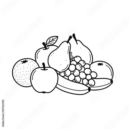 HandDrawn Assorted Fruits Apples Pears Bananas Oranges and Grapes in Simple Black and White