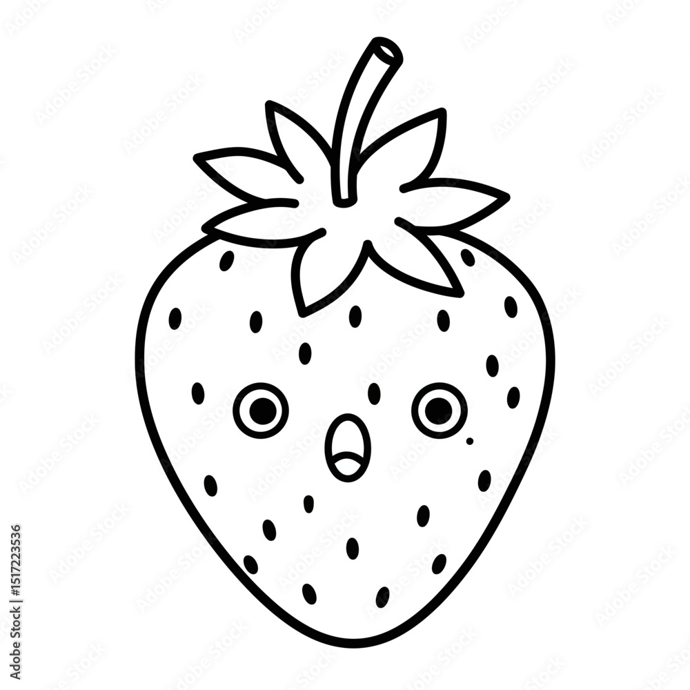 Obraz premium Line Art Surprised Strawberry with Stem and Seeds
