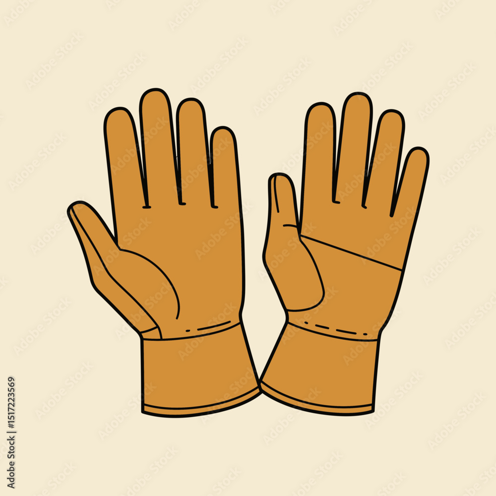 Obraz premium Pair of illustrated tan leather work gloves with black outlines palms facing forward