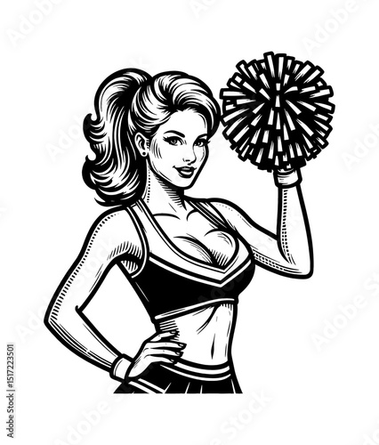 Smiling Cheerleader Holding Pom-pom with Hand on Hip in Black and White Illustration