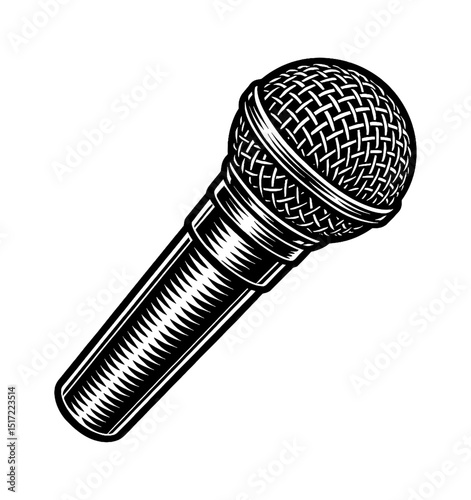 Vintage Microphone in Black and White Detailed Illustration, Karaoke, Voice Recording Device