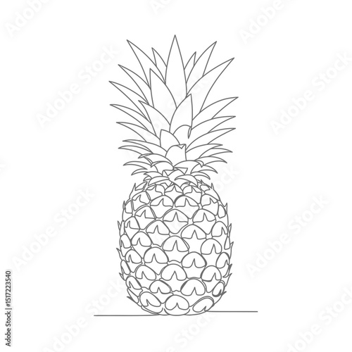 Minimalist Pineapple Outline Single Continuous Line Drawing with Detailed Crown