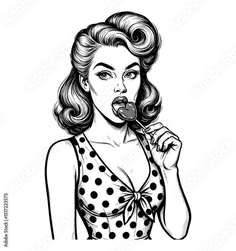 Caucasian Woman in Polka Dot Dress Eating Heart Lollipop in Pinup Style Illustration