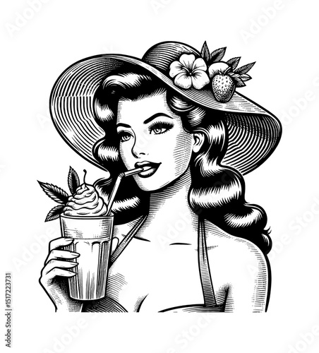 Pinup Woman in Hat Drinking Milkshake, Engraved Style Illustration, Summer, Black and White