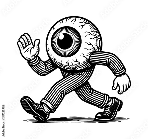 Eyeball Character Walking with Striped Suit and Shoes in Black and White Illustration