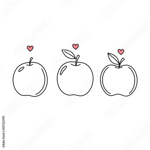 Three Line Art Apples with Hearts Simple Design