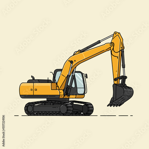 Yellow Excavator with Extended Arm and Bucket Side View Illustration