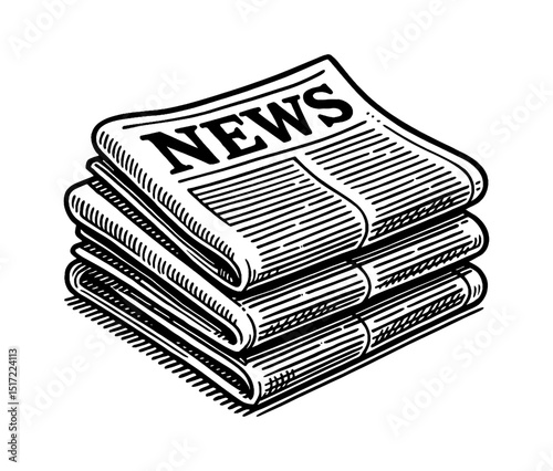 Stack of Newspapers with Headline Isolated on White Background, Engraving Style