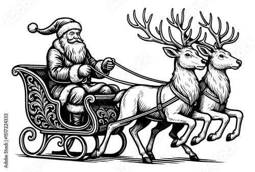 Santa Claus riding sleigh pulled by reindeers, black and white detailed illustration