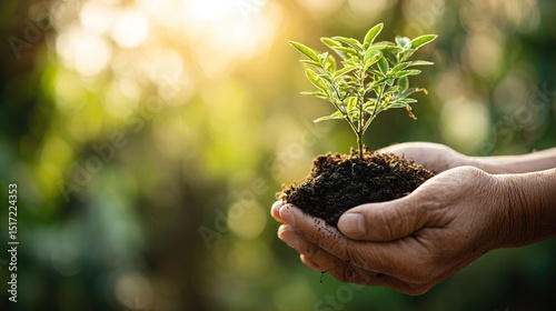 Hands gently holding a small green plant sprouting from fertile soil, bathed in warm sunlight with a soft bokeh effect in the background, symbolizing growth, sustainability and hope for Earth Day.