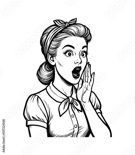 Surprised Caucasian Woman with Open Mouth Shouting with Retro Black and White Line Art