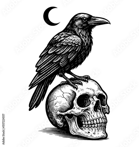 Engraved Raven Perched on Skull under Crescent Moon in Black and White Gothic Art